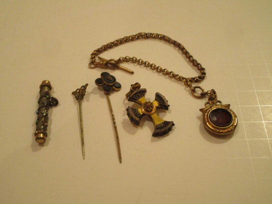 Lot Vintage Jewelry - Intaglio Watch Fob & Misc Hat Pins - see pics