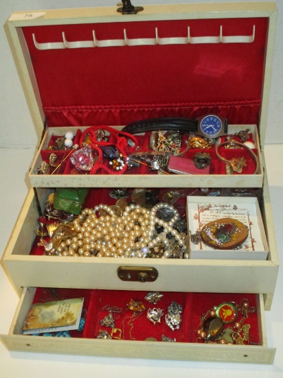 Lot - Jewelry Box w/ Misc. Costume Jewelry & Other