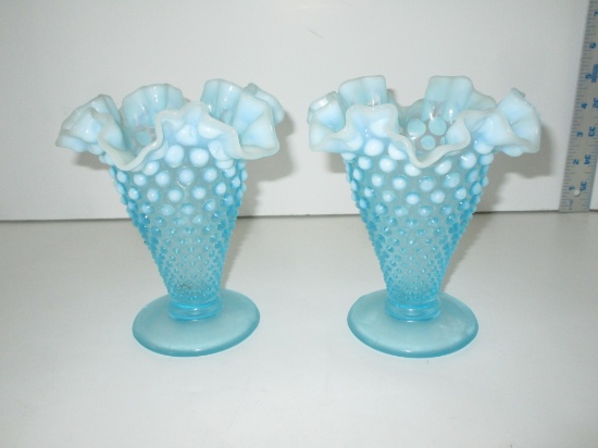 Pair Fenton 5 7/8" Blue Opalescent Hobnail Vases