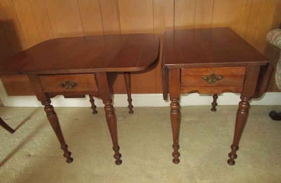 Pair Pine One Drawer Drop Leaf End Tables w/Wood Turned Legs