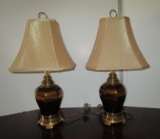 Pair Brass Urn Shaped Lamps w/Cloth Shade Very Heavy
