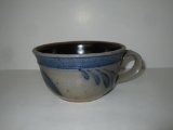 Rowe Pottery Works Salt Glaze Handled Soup Cup w/Hand Painted Blue