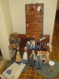 Lot Misc. Country Décor, Wooden Bench, Calendar, Figurines, etc.