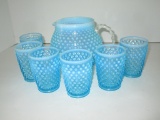 Fenton Blue Opalescent Hobnail Juice Set