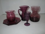 Lot Misc. Amethyst Glass Cordial, Pitcher w/Applied Handle, Vase, etc.