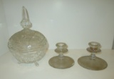 Lot - Lead Crystal Candy Dish & 1 Pair Iridescent Candle Sticks