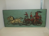 Hand painted Wooden Wall Plaque w/Horse Drawn Fire Engine Scene