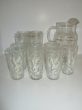 Vintage Glass Pitcher & Glasses with Wheat Design