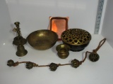 Lot Misc. Brass Miniature Spittoon, Candle Sticks, Bells, etc.