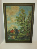 Vintage Oil on Board - Beautiful Home By the Lake Scene Signed WPM