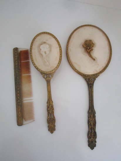 Vintage Handheld Mirror w/Matching Brush & Comb