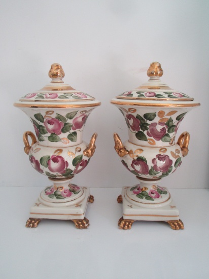 Pair Hand-painted Semi-Porcelain 13" Covered Jars
