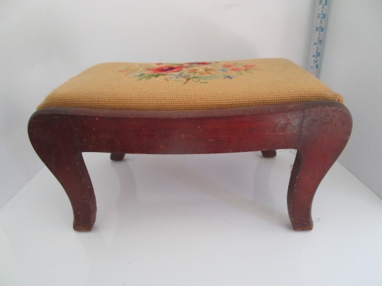 Vintage Foot Stool w/Floral Needlepoint Cushion