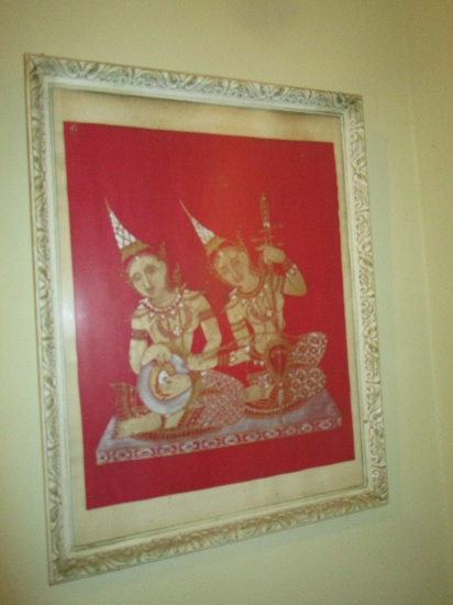 Hand-painted Hindu Female Musicians on Red Fabric.