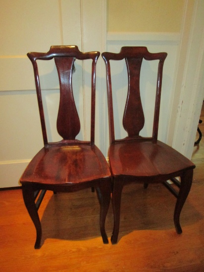 Pair Slender Mahogany Slat Back Chairs