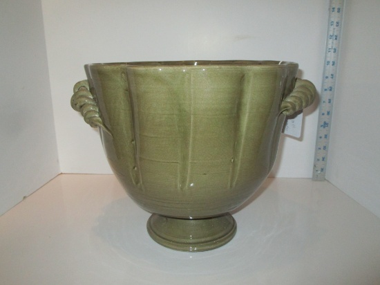 Olive Ceramic Cache Pot w/ Applied Curled Vine Motif Handles - 12" Tall