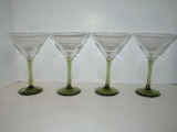 4 Martini Glasses w/ Clear Bowls & Green Stems