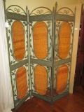 Trifold Metal Screen w/ Woven Wicker Inserts - few finials missing - 69