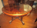 Gorgeous Mahogany Round Entry Table w/ Beautiful Painted Inlay on Top & Gilt Accents