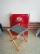 Lot - 2 Plastic Red Folding Lounge Chairs & 1 Small Folding Canvas Chair