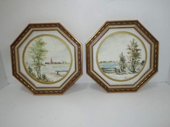 Pair of Octagonal Prints of Watercolors - "Riverside Scene" - 9.5" framed size