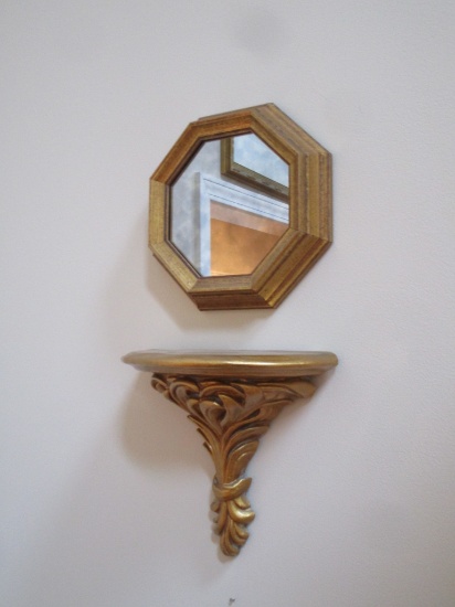 Lot - Octagonal Gilt Framed Mirror - 8.5" & 9" Tall Wooden Sconce Shelf  w/ Gilt Finish 9" Tall