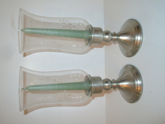 Web Brushed Pewter Candlesticks w/ Glass Etched Globes - 10.5" .