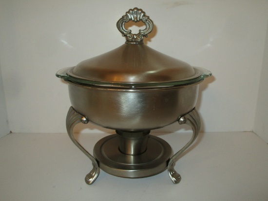 Wm Rodgers Brushed Pewter Chafing Dish w/ Lid & Warmer & Pyrex Dish Insert - 11" T X 10.5" R