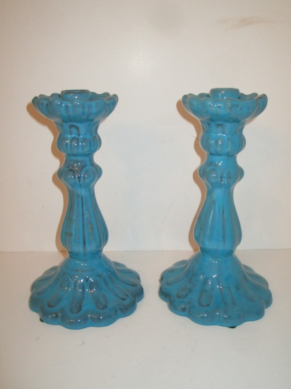 Pair Italian Ceramic Candlesticks - 9" - Teal Green