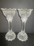 Pair Fostoria Cone Based w/ Tulip Bowl Candlesticks - 9 3/4 Tall