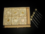 Set of 6 Bohemian Salt Cellars in org. box w/ spoons (1 spoon needs reglued)