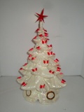 Vintage White Ceramic Christmas Tree w)/ Red Bow Lights (missing 4) & chip on top - 16.5