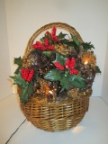 Lighted Christmas Basket of Faux Holly