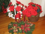 Lot - 2 Christmas Baskets w/ Faux Poinsettias & Christmas Candleholder