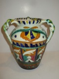 3 Handled Italian Hand Painted Ceramic Vase - 7.5