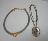 Lot - Bone Fish Pendant on Chain & Silver Mesh Necklace w/ Gold tone Accents