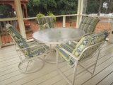 Oval Patio Table Metal Base w/ Glass Top w/ 4 chairs w/ webbed seats & back 41.5 X 53