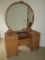 Blonde Mahogany Waterfall Vanity Dresser w/ Large Round Mirror & 4 Drawers