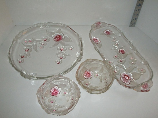 Indiana Della Robbia Glass Flashed Colored Serving Pieces 12" Round Platter, 2 5" Berry Bowls