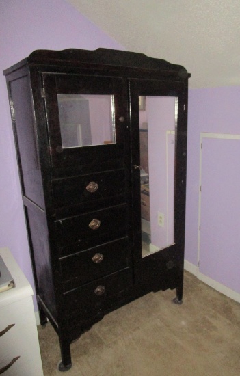 Mahogany Finished Chifferobe w/ Mirrored Closet Door & Hat Cabinet & 4 Drawers