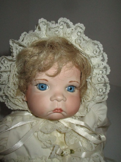 Beautiful Porcelain Faced Doll w/ Open Glass Eyes. Dressed in Sweet Christening Gown
