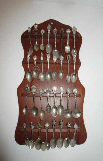 Wooden Spoon Rack w/ 32 Silver State Spoons