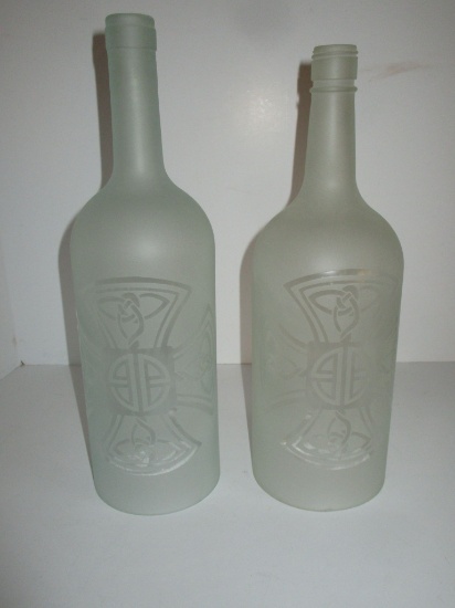 Pair Satin Glass Bottles w/Etched Celtic Cross Design - Cut to serve as candle covers. 12" & 13"