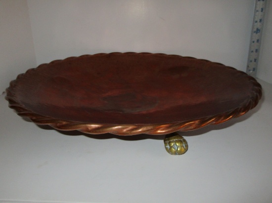 Indian Copper 17.5" Round Tray w/ Rope Twist Edge & Brass Claw Feet