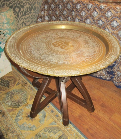 26" Round Brass Tray from India w/ Teak Base