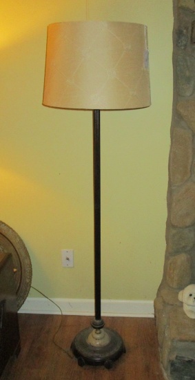Antique Brass Floor Lamp w/ Plastic Décor Piece on Base. Milk Glass Shade Under Paper Shade
