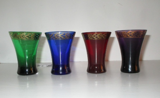 4 Multicolored Shot Glasses w/ Gold Dipped Rims
