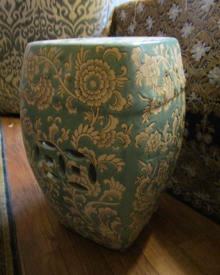 Ceramic Garden Bench - 18" Tall. Beautiful Floral Design in Teal & Ecru