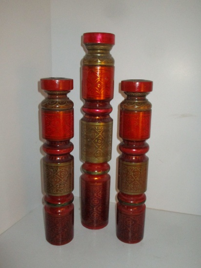 Trio of Wooden Candlesticks - 20.5" & 15.5" - Hand Painted Red & Gold