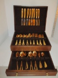 42 Pieces Gold Plated Flatware in Wooden Chest - Dinner  Salad Forks, Knives, Soup & Tea Spoons,